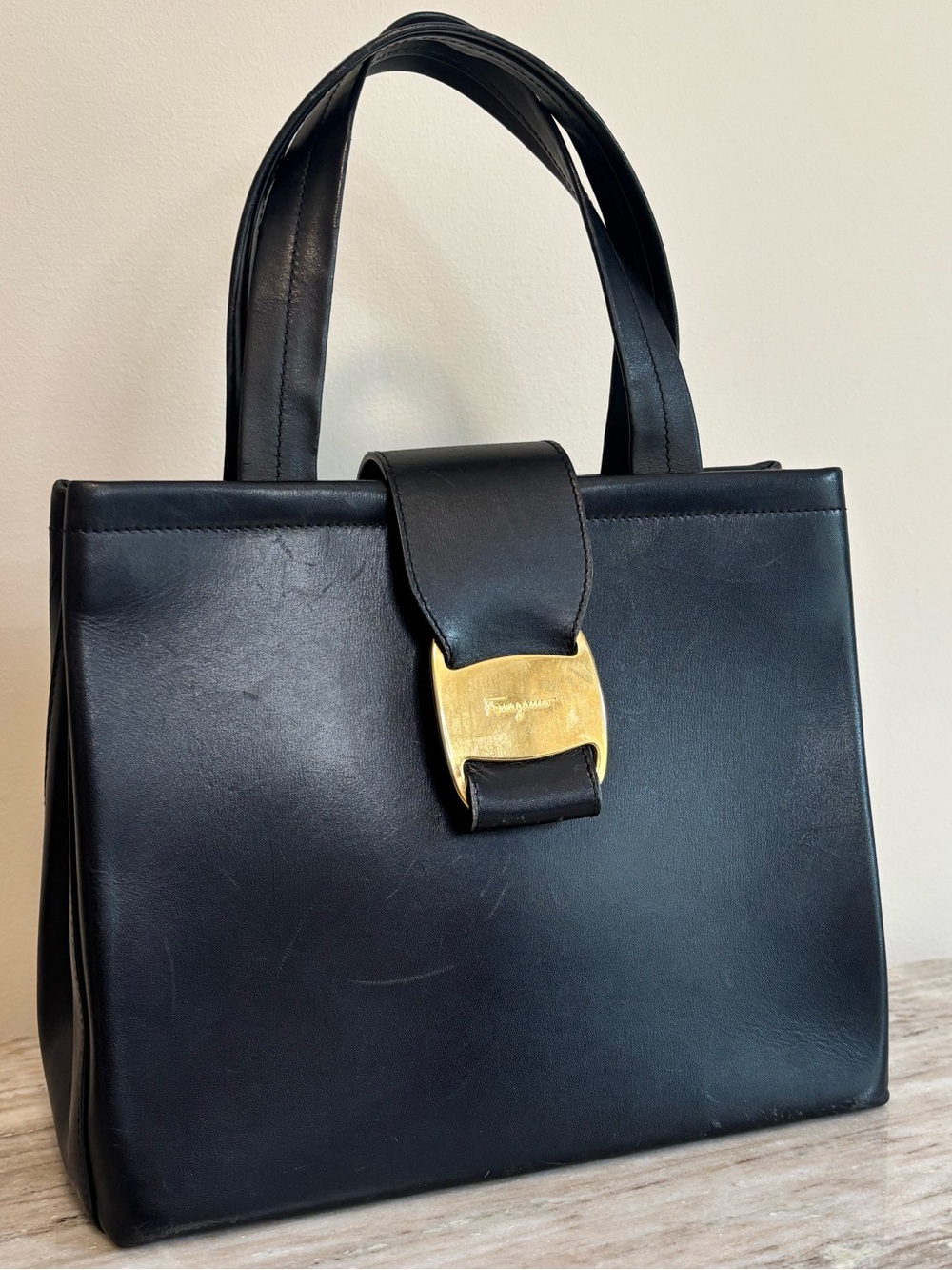 Vintage Salvatore Ferragamo Black Leather Top Handle Bag Gold Hardware Italy